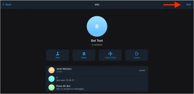 编辑Telegram群组设置 - 点击Edit按钮